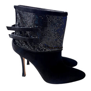 Manolo Blahnik 10 Silver Sequin Suede Ankle Boots Stiletto Disco Booties Black